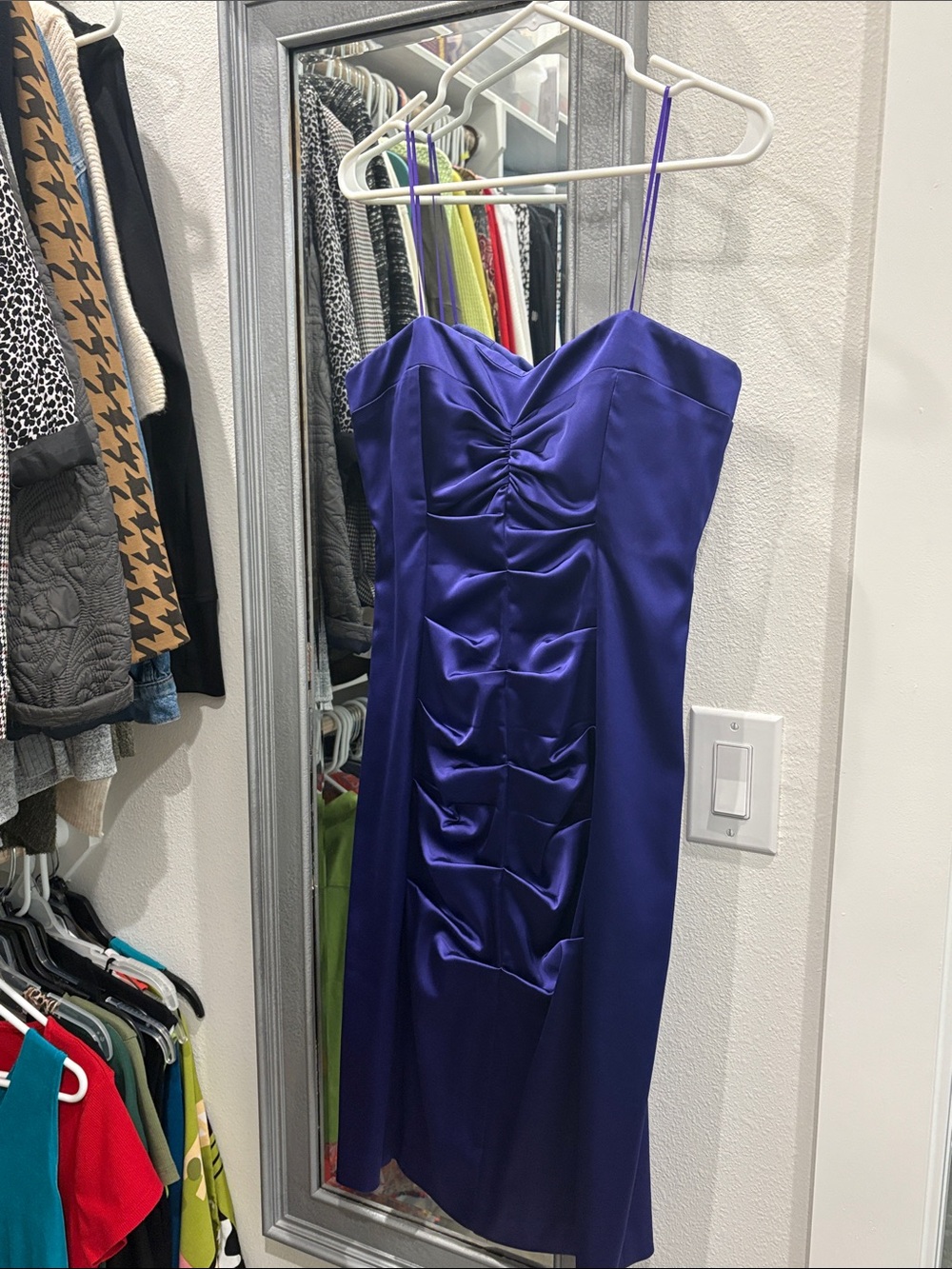 Cache Violet Satin Ruched Spaghetti Strap Midi Dress